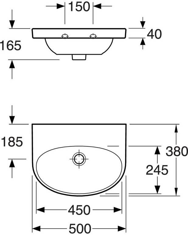 Nautic 5550 badeværelsesvask – til montering med bolte, 50 cm - Optimeret til brug på hospitaler
Forseglet overløb
Uden huller til beslag