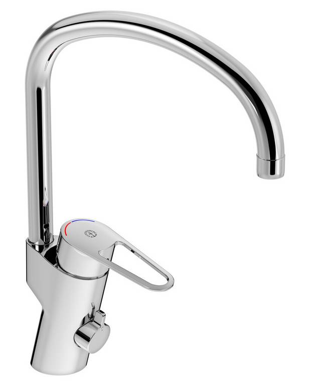 Kitchen mixer New Nautic - high Spout - Easy grip lever with clear colour marking for hot and cold
Soft move, technology for smooth and precise handling
Pivoting spout 110° (0° and 60° block included)