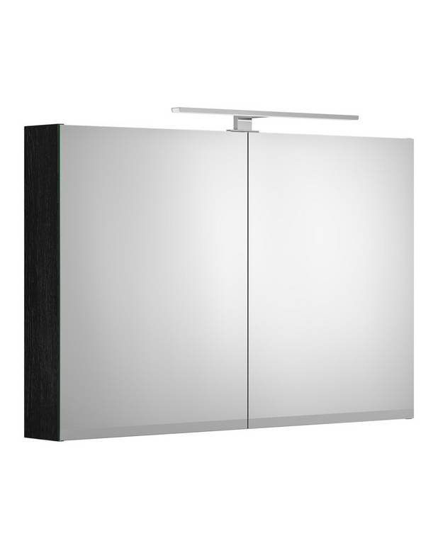 Vannas istabas spoguļskapītis Artic - 100 cm - Spoguļi pat durvju iekšpusē.
Skapīša iekšpusē integrēta elektrības kontaktligzda
LED apgaismojums virs un zem skapīša