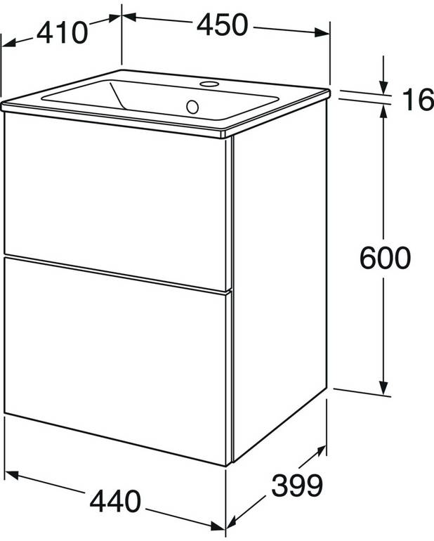 Kommodskåp Graphic Base - 45 cm - Med heltäckande tvättställ i porslin
Mjukstängande lådor för tyst och mjuk stängning
Material: fukttrög spånskiva klassad för badrum